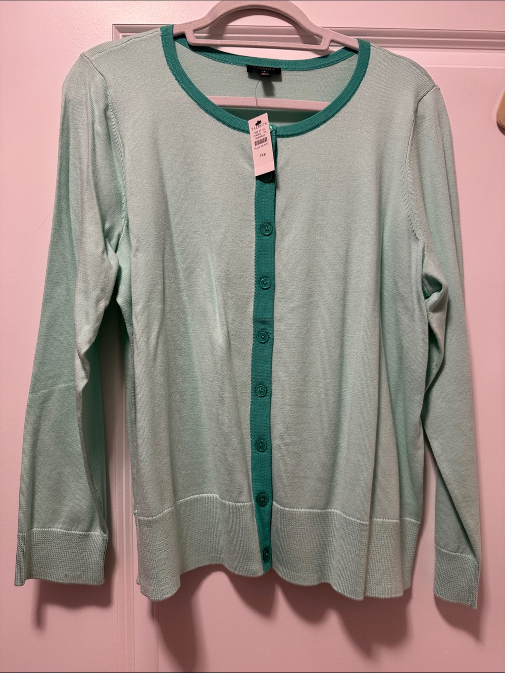 Talbots Mint Green Cardigan with Dark Teal Trim
